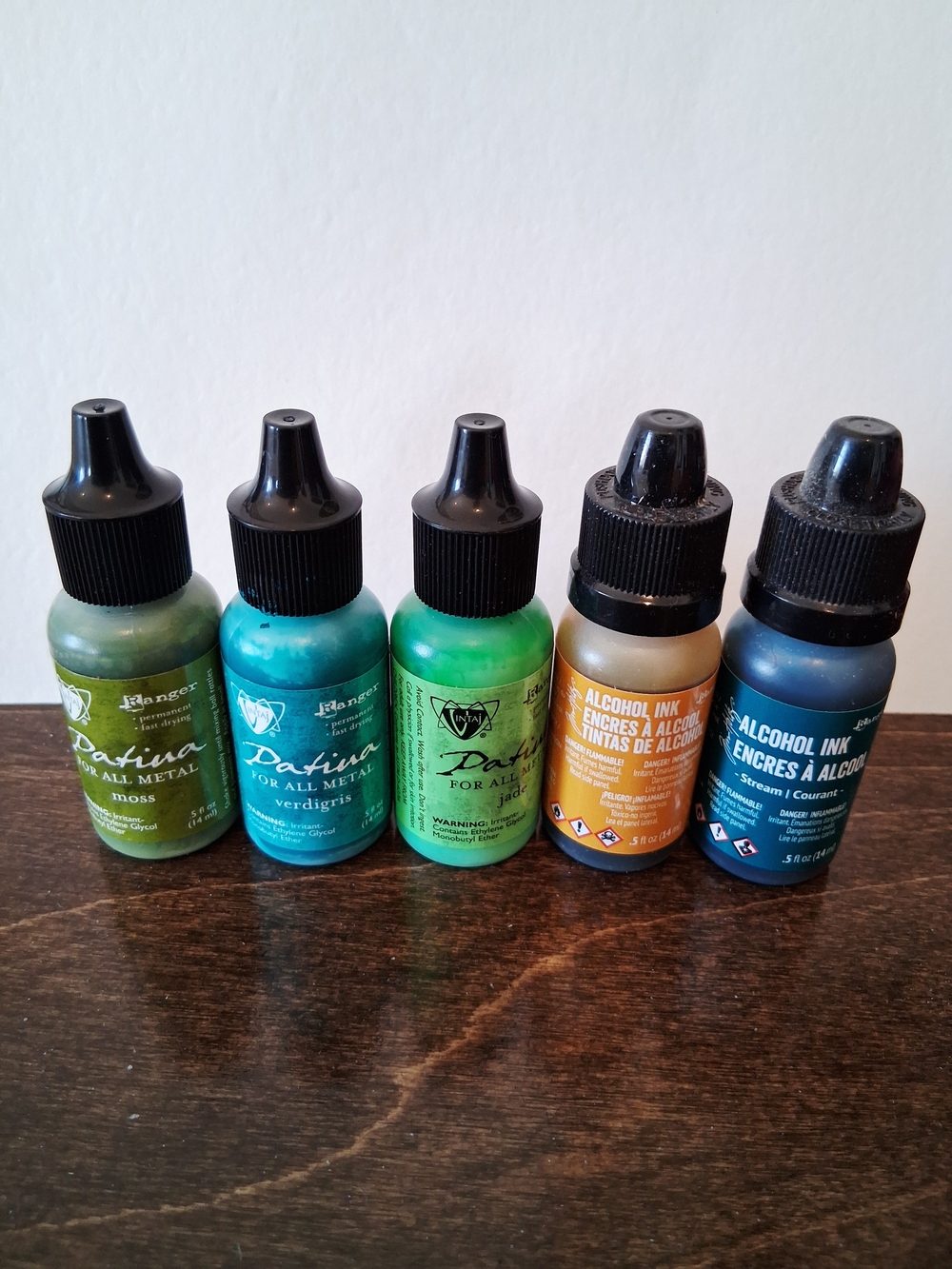 Lot Of 5 Bottles Ranger Metal Ink & Tim Holtz Alcohol Inks Patina Colors